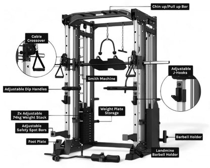 Rock Solid Fitness Equipment Weight Lifting Machines & Racks MULTIFUNCTIONAL POWER RACK WITH SMITH AND DUAL STACK CABLE MACHINE